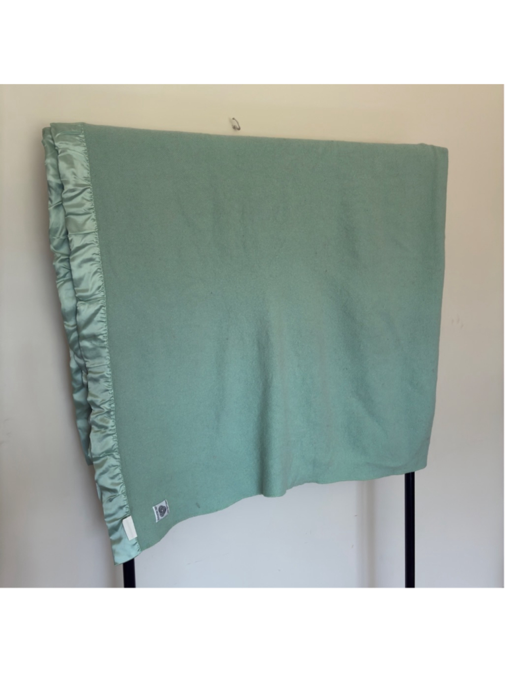 Vintage Sears Pure Wool Blanket Green Satin Trim 84x50 Made in Canada